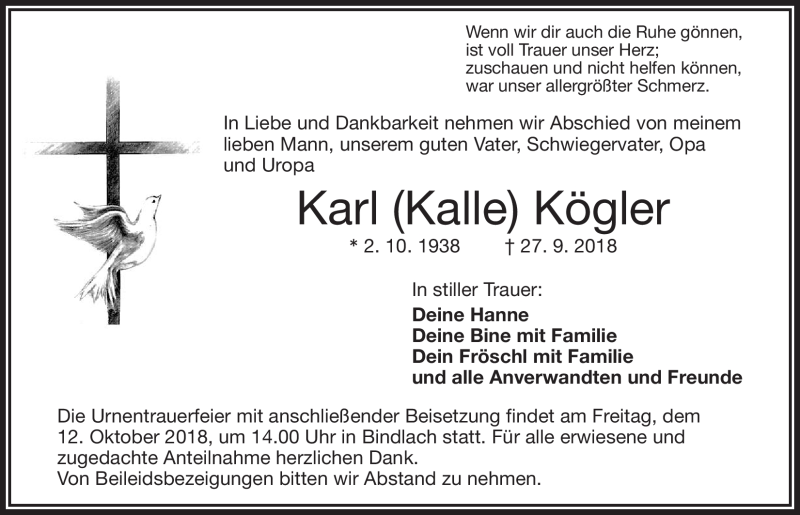  Traueranzeige für Karl Kögler vom 10.10.2018 aus Nordbayerischer Kurier