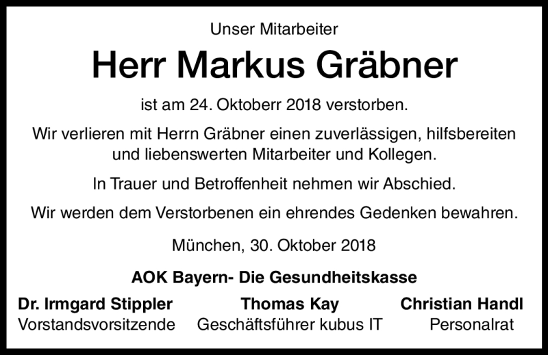  Traueranzeige für Markus Gräbner vom 30.10.2018 aus Nordbayerischer Kurier