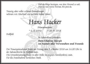 Anzeige von Hans Hacker von Nordbayerischer Kurier