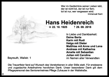 Anzeige von Hans Heidenreich von Nordbayerischer Kurier