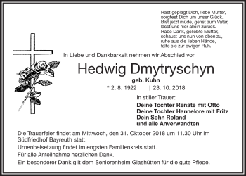 Anzeige von Hedwig Dmytryschyn von Nordbayerischer Kurier