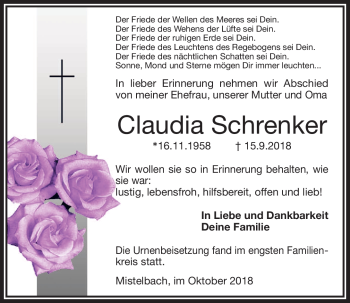 Anzeige von Claudia Schrenker von Nordbayerischer Kurier