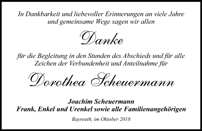  Traueranzeige für Dorothea Scheuermann vom 20.10.2018 aus Nordbayerischer Kurier