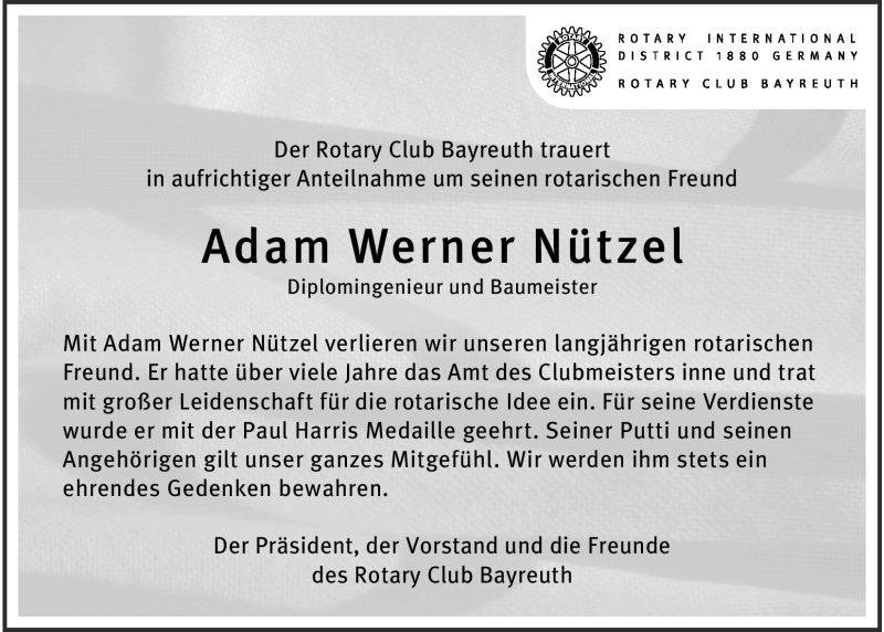  Traueranzeige für Adam Werner Nützel vom 13.10.2018 aus Nordbayerischer Kurier