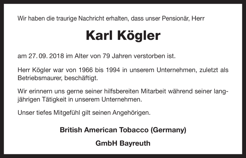 Traueranzeige für Karl Kögler vom 10.10.2018 aus Nordbayerischer Kurier