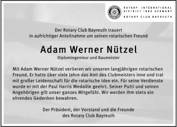 Anzeige von Adam Werner Nützel von Nordbayerischer Kurier