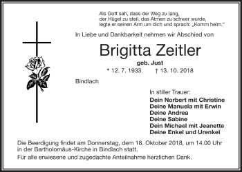 Anzeige von Brigitta Zeitler von Nordbayerischer Kurier