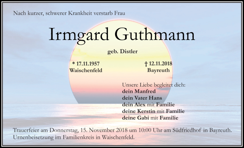  Traueranzeige für Irmgard Guthmann vom 14.11.2018 aus Nordbayerischer Kurier
