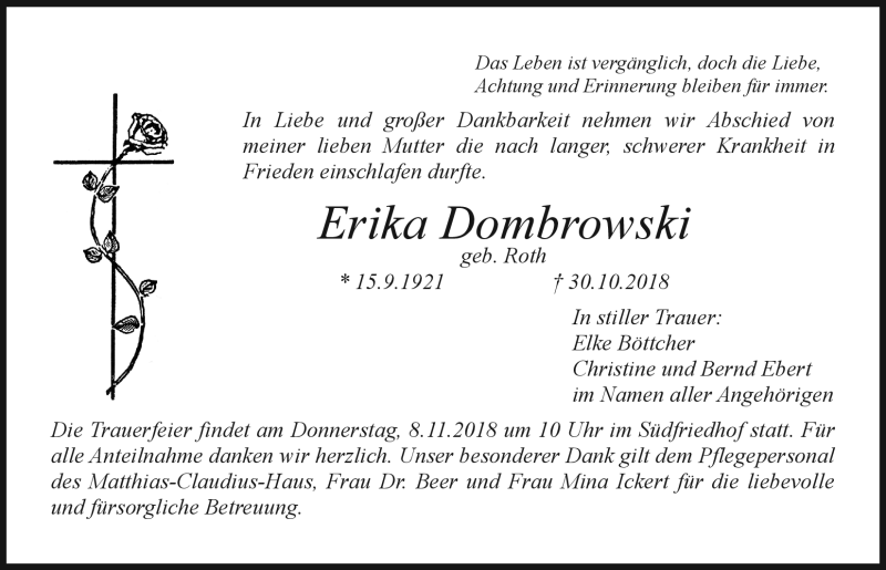  Traueranzeige für Erika Dombrowski vom 06.11.2018 aus Nordbayerischer Kurier