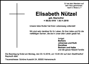 Anzeige von Elisabeth Nützel von Nordbayerischer Kurier