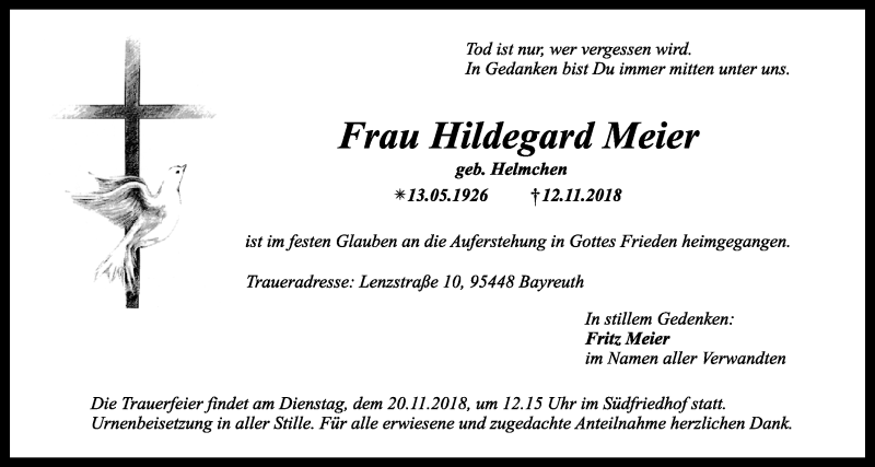  Traueranzeige für Hildegard Meier vom 15.11.2018 aus Nordbayerischer Kurier