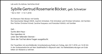 Anzeige von Sybille Gertrud Böcker von Nordbayerischer Kurier