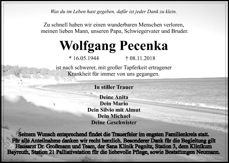  Traueranzeige für Wolfgang Pecenka vom 10.11.2018 aus Nordbayerischer Kurier