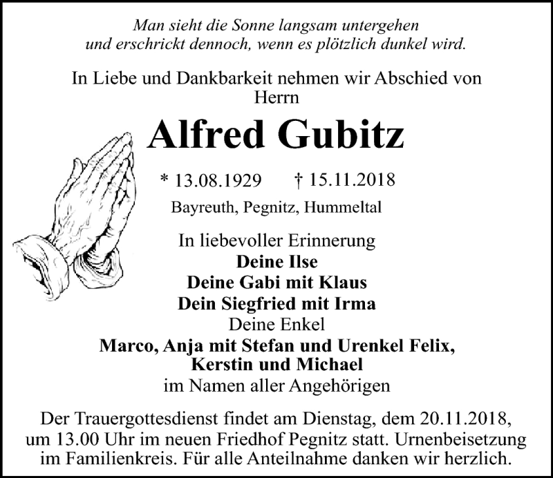  Traueranzeige für Alfred Gubitz vom 17.11.2018 aus Nordbayerischer Kurier