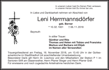 Anzeige von Leni Herrmannsdörfer von Nordbayerischer Kurier