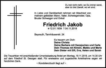 Anzeige von Friedrich Jakob von Nordbayerischer Kurier