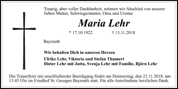 Anzeige von Maria Lehr von Nordbayerischer Kurier