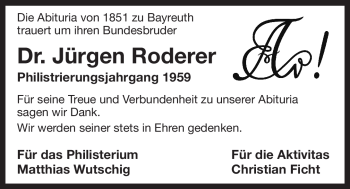 Anzeige von Jürgen Roderer von Nordbayerischer Kurier