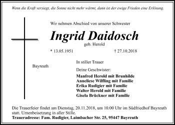 Anzeige von Ingrid Daidosch von Nordbayerischer Kurier