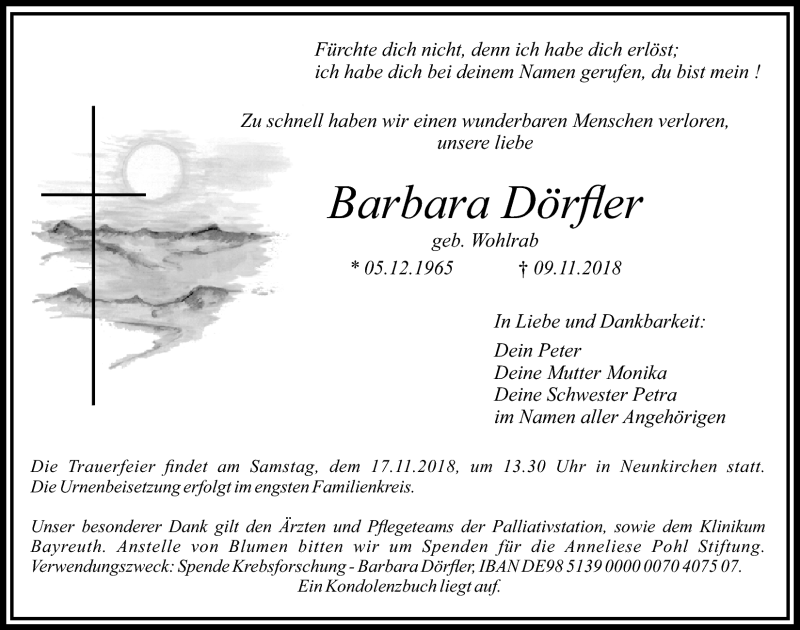  Traueranzeige für Barbara Dörfler vom 14.11.2018 aus Nordbayerischer Kurier