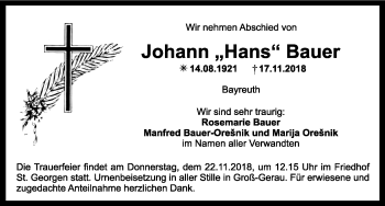 Anzeige von Johann Bauer von Nordbayerischer Kurier