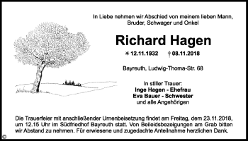 Anzeige von Richard Hagen von Nordbayerischer Kurier