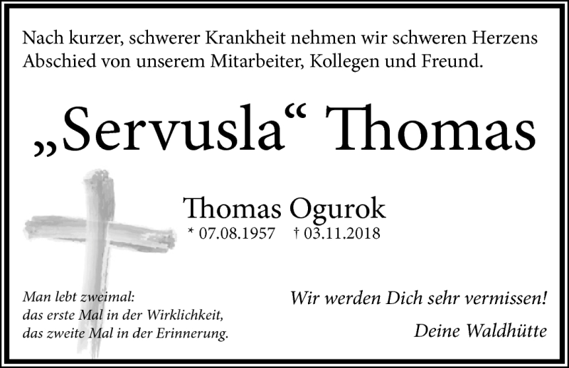  Traueranzeige für Thomas Ogurok vom 07.11.2018 aus Nordbayerischer Kurier