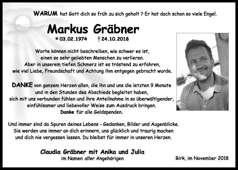  Traueranzeige für Markus Gräbner vom 19.11.2018 aus Nordbayerischer Kurier