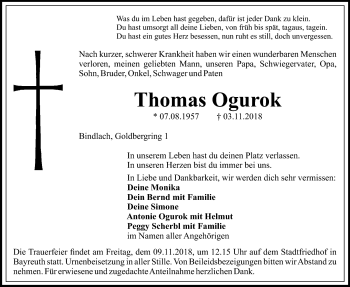 Anzeige von Thomas Ogurok von Nordbayerischer Kurier