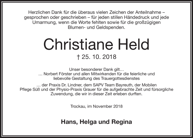  Traueranzeige für Christiane Held vom 10.11.2018 aus Nordbayerischer Kurier