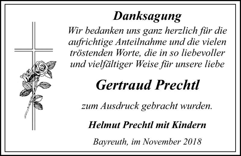  Traueranzeige für Gertraud Prechtl vom 17.11.2018 aus Nordbayerischer Kurier
