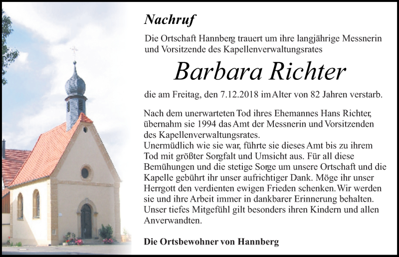 Traueranzeige für Barbara Richter vom 12.12.2018 aus Nordbayerischer Kurier