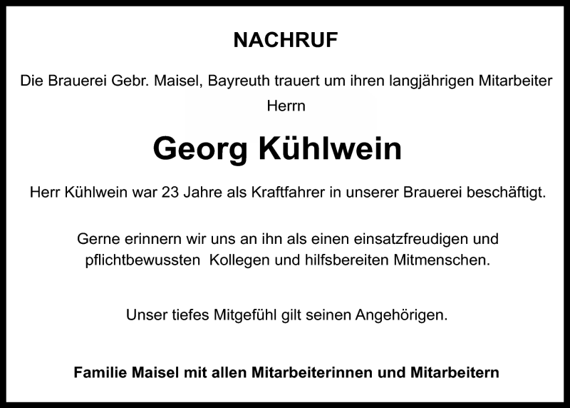  Traueranzeige für Georg Kühlwein vom 08.12.2018 aus Nordbayerischer Kurier