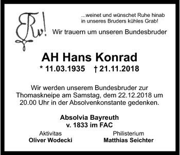 Anzeige von Hans Konrad von Nordbayerischer Kurier