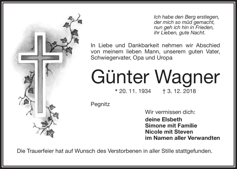  Traueranzeige für Günter Wagner vom 21.12.2018 aus Nordbayerischer Kurier