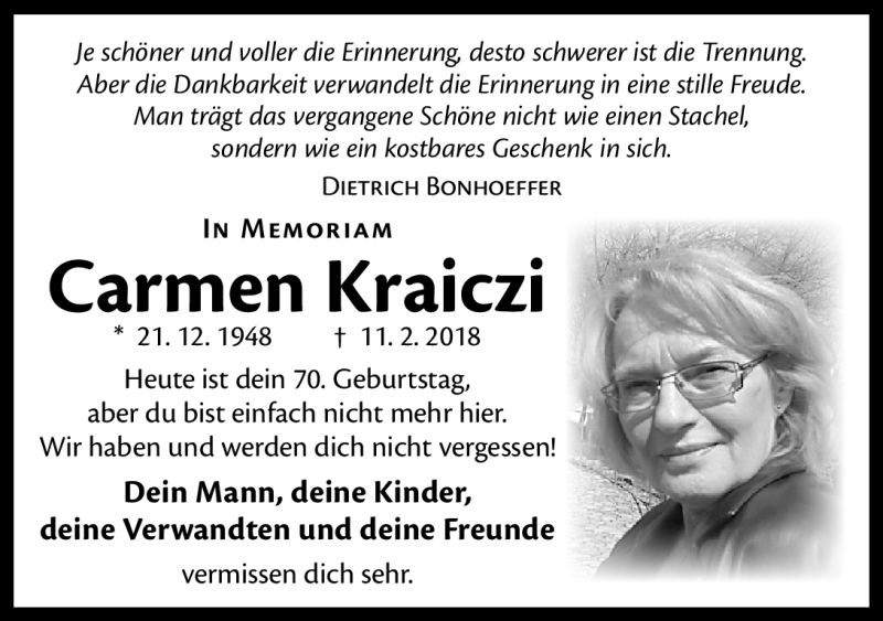  Traueranzeige für Carmen Kraiczi vom 21.12.2018 aus Nordbayerischer Kurier