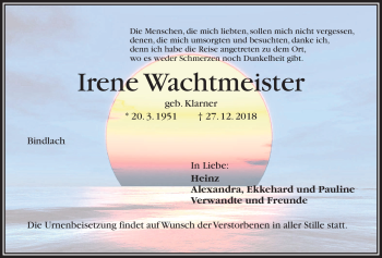 Anzeige von Irene Wachtmeister von Nordbayerischer Kurier