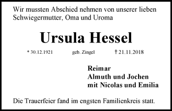 Anzeige von Ursula Hessel von Nordbayerischer Kurier