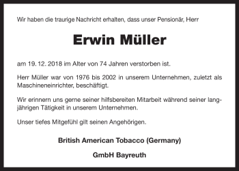Anzeige von Erwin Müller von Nordbayerischer Kurier