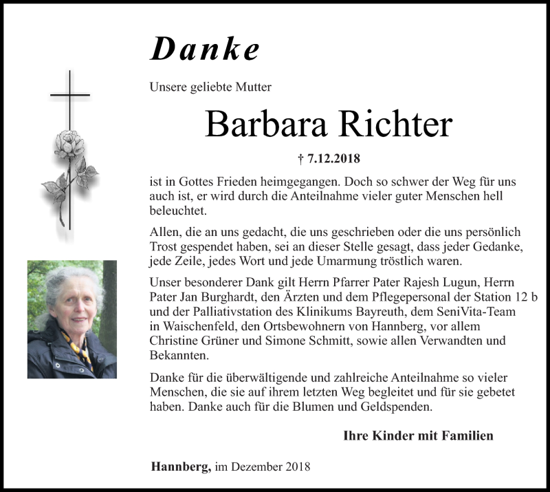  Traueranzeige für Barbara Richter vom 22.12.2018 aus Nordbayerischer Kurier