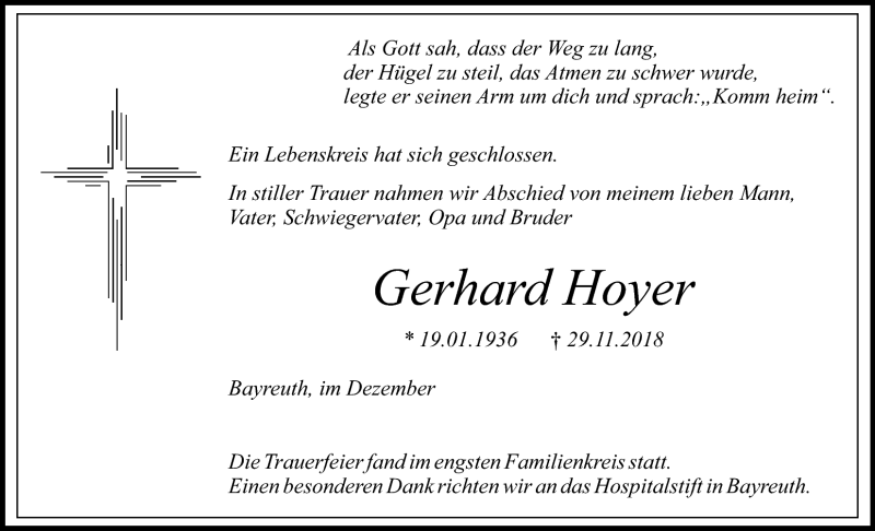  Traueranzeige für Gerhard Hoyer vom 08.12.2018 aus Nordbayerischer Kurier