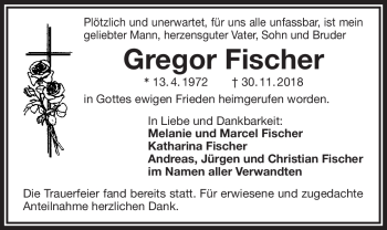 Anzeige von Gregor Fischer von Nordbayerischer Kurier