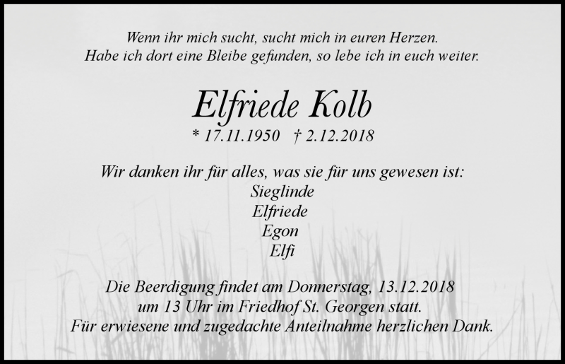  Traueranzeige für Elfriede Kolb vom 08.12.2018 aus Nordbayerischer Kurier