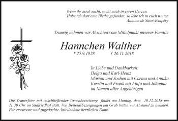 Anzeige von Hannchen Walter von Nordbayerischer Kurier
