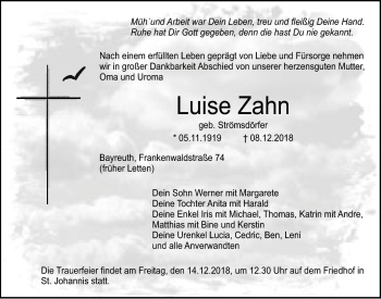 Anzeige von Luise Zahn von Nordbayerischer Kurier