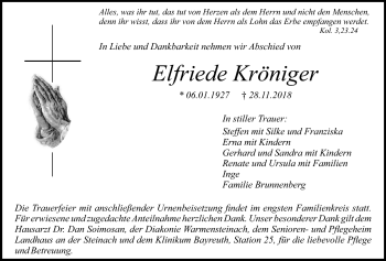 Anzeige von Elfriede Kröniger von Nordbayerischer Kurier