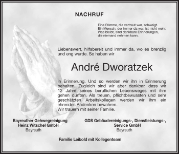 Anzeige von André Dworatzek von Nordbayerischer Kurier