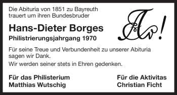 Anzeige von Hans-Dieter Borges von Nordbayerischer Kurier