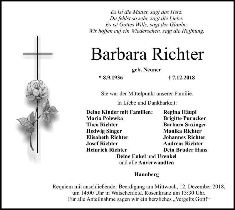  Traueranzeige für Barbara Richter vom 10.12.2018 aus Nordbayerischer Kurier