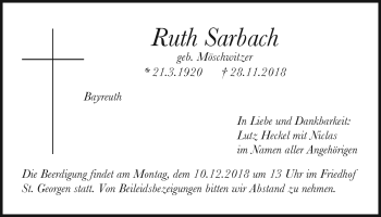 Anzeige von Ruth Sarbach von Nordbayerischer Kurier